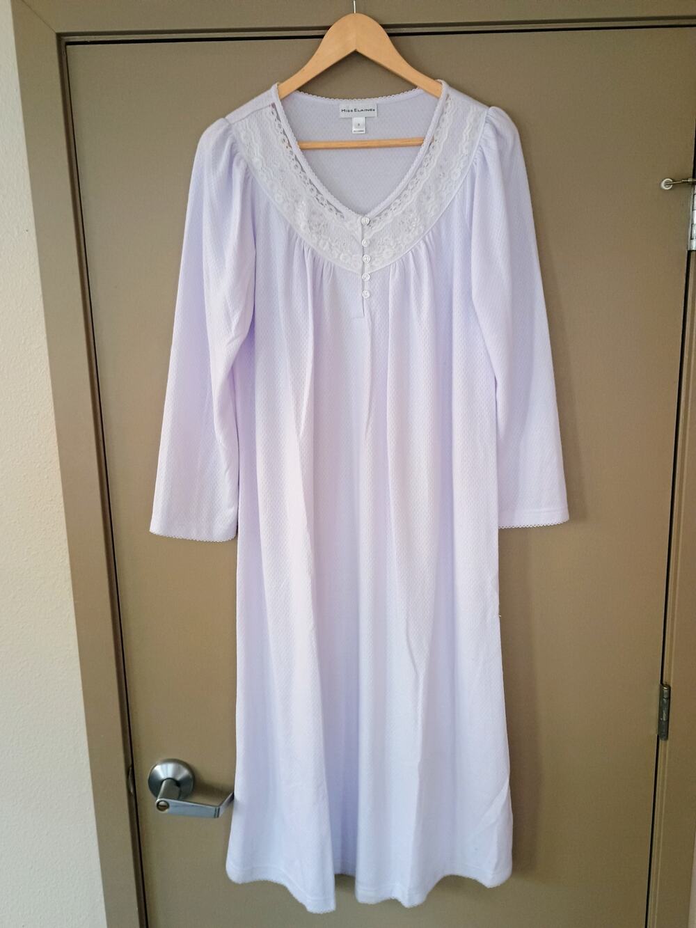 Miss Elaine Cuddleknit Victorian Nightgown Lavender Lace V-Neck cottage Core